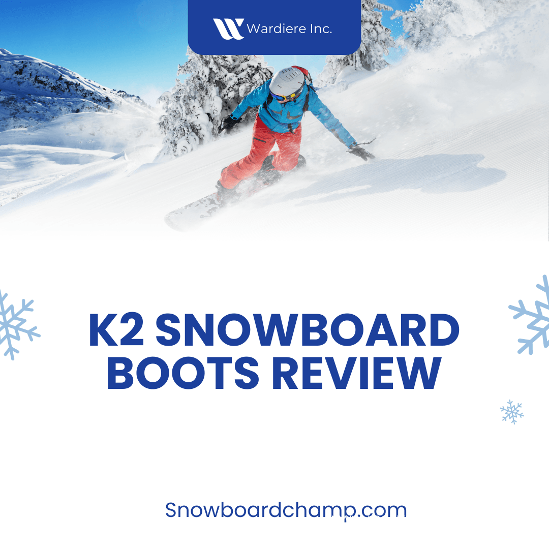 A collection of K2 snowboard boots arranged on a rustic wooden background