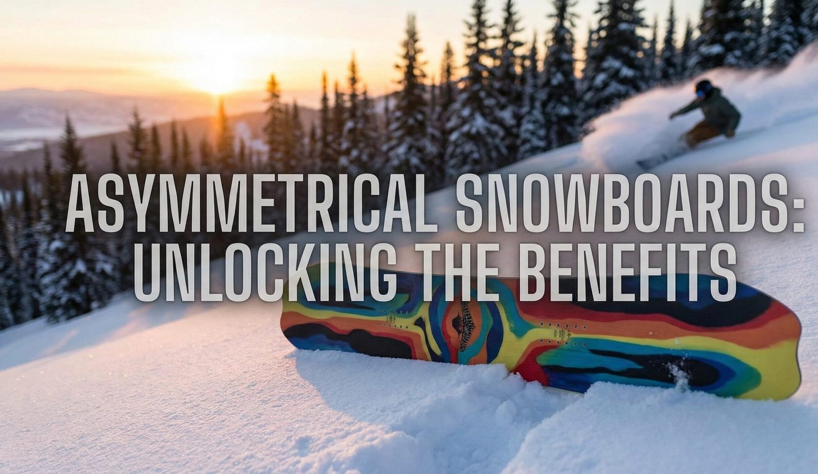 Snowboarder carving a deep heelside turn on an asymmetrical board