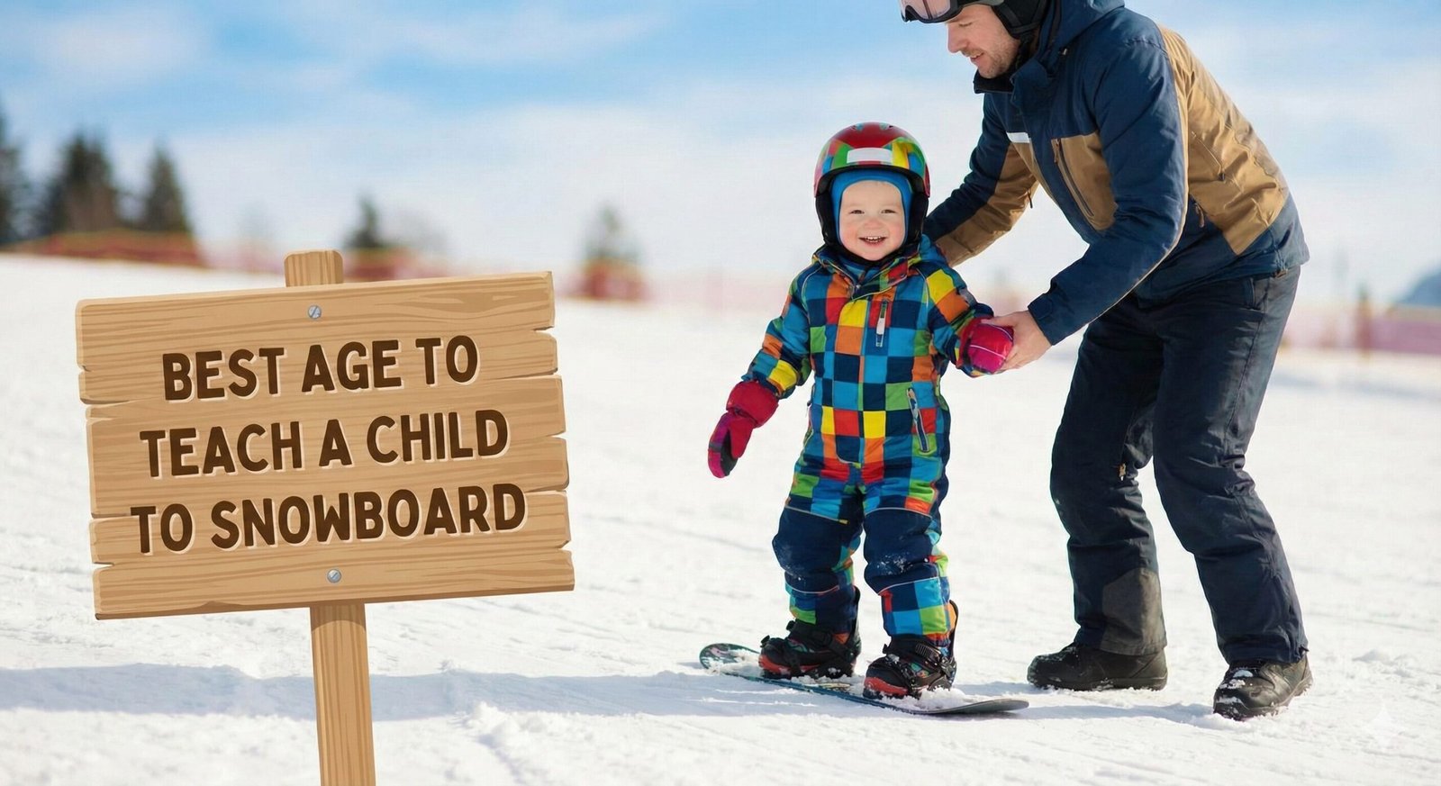 Little kid snowboarding with parents on a sunny day