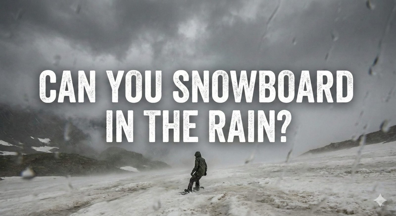 Snowboarder riding in heavy wet snow and rain conditions
