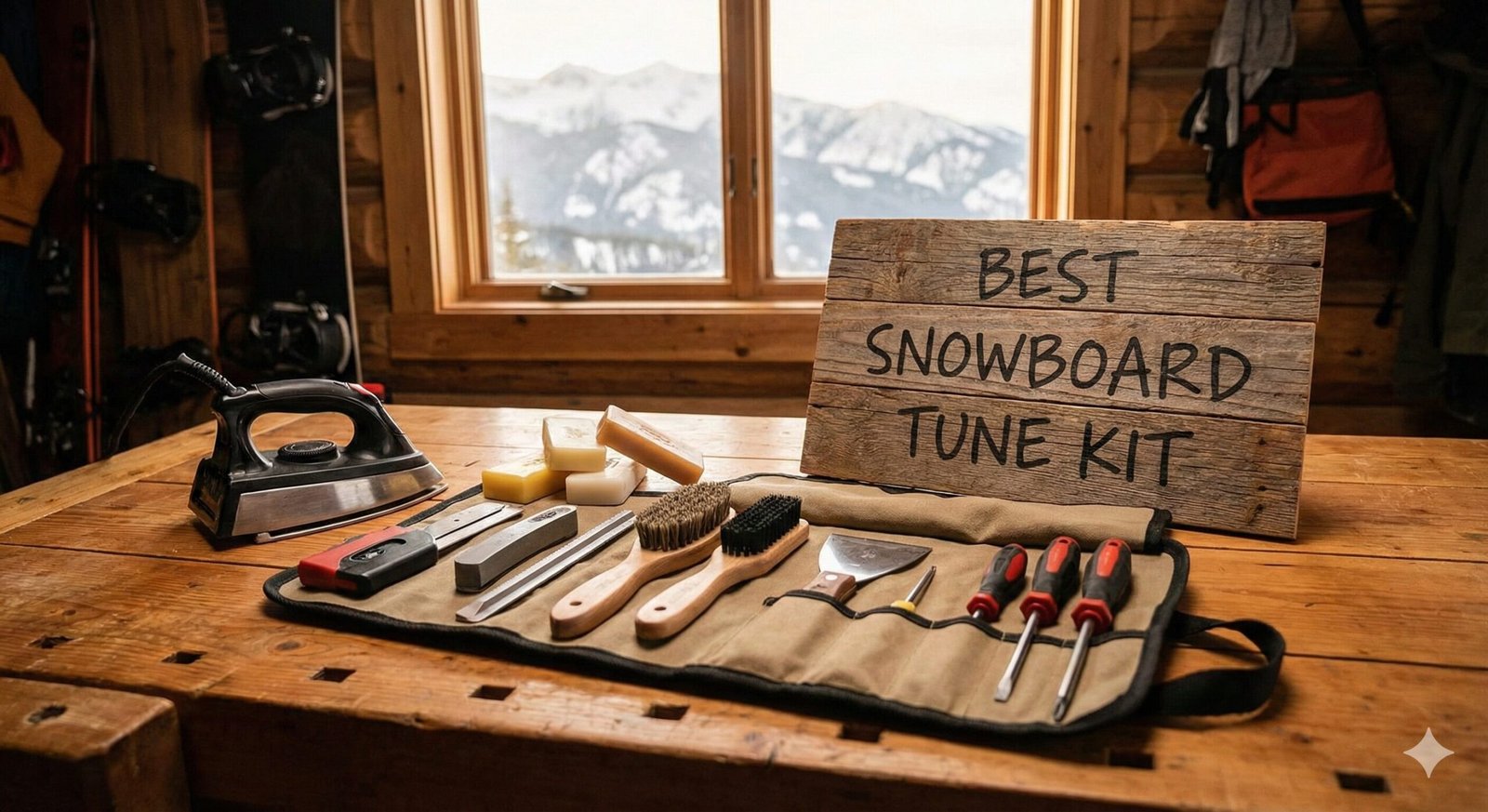 Snowboard waxing iron and tools on a workbench