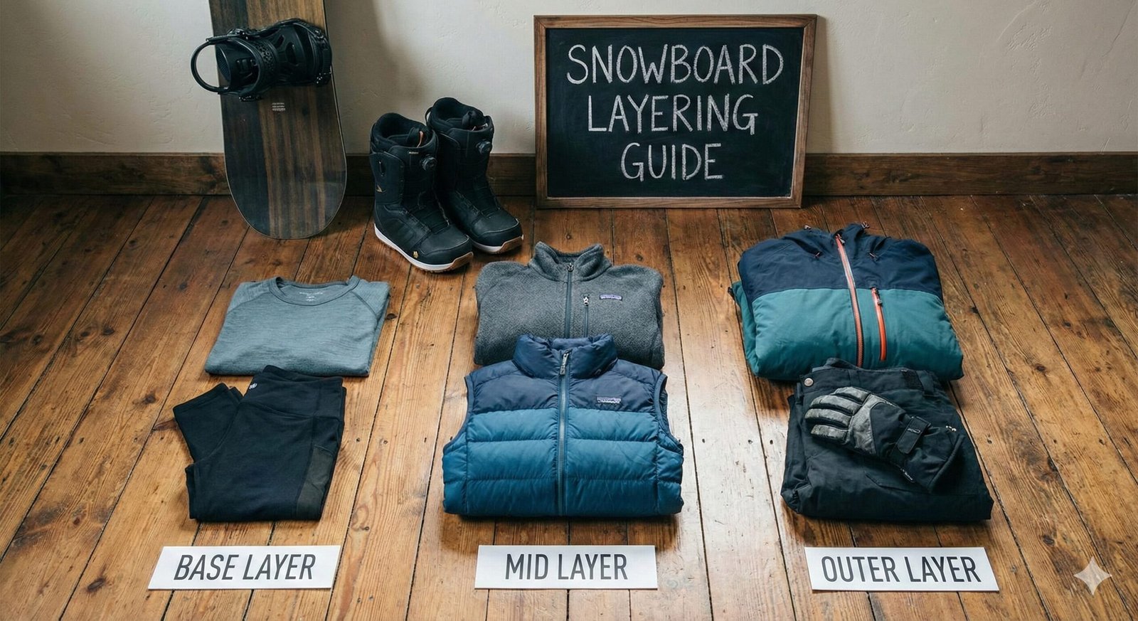 Snowboarder adjusting layers on a snowy mountain peak