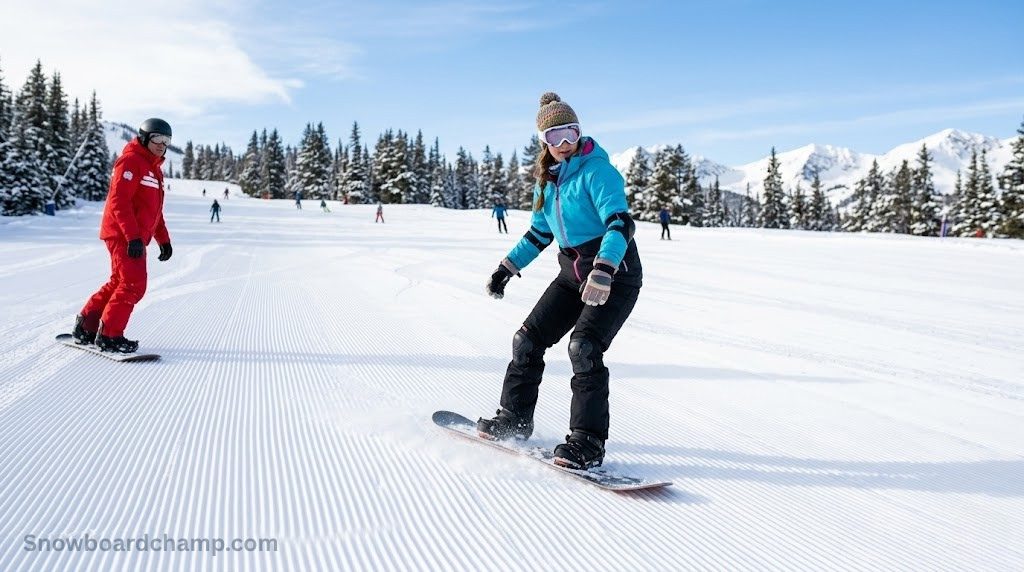 Beginner snowboarder learning to turn on a wide groomed slope