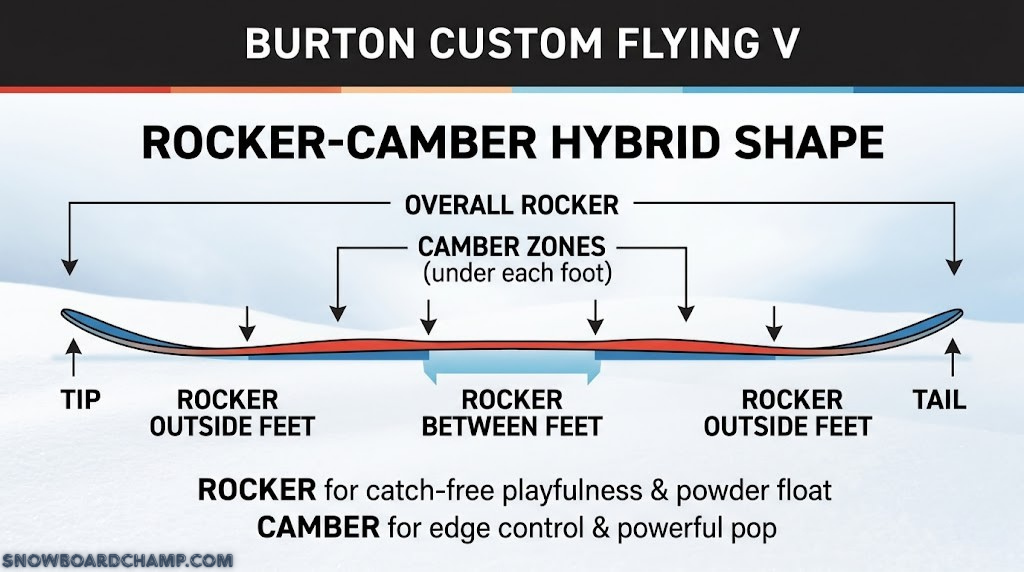 Burton Custom Flying V board profile showing Flying V rocker-camber hybrid shape