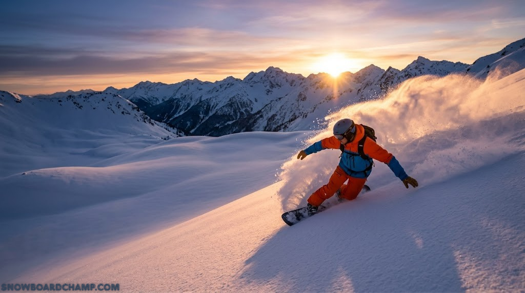 Expert snowboarder charging deep powder in an open mountain bowl at sunrise