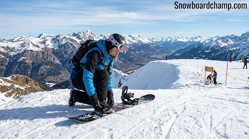 Snowboarder adjusting bindings at the top of a mountain run
