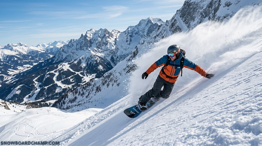 Snowboarder carving down a steep mountain run at high speed