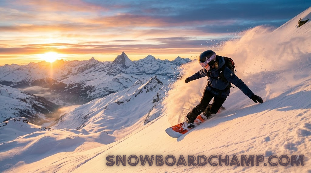 Snowboarder riding down a mountain slope at sunrise