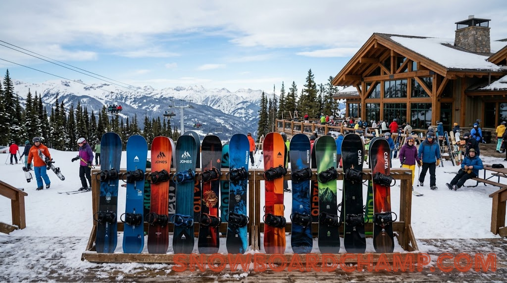 Snowboards lined up at a mountain resort
