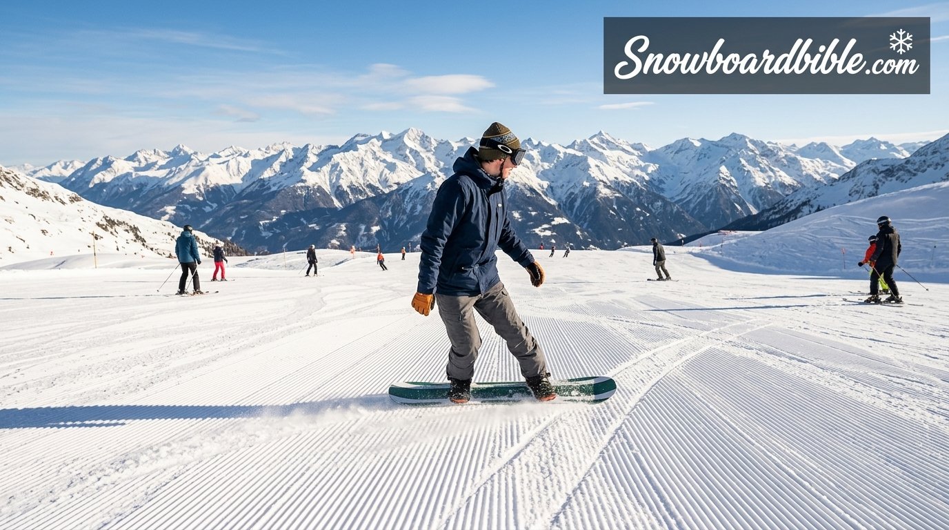Beginner snowboarder practicing turns on a groomed run