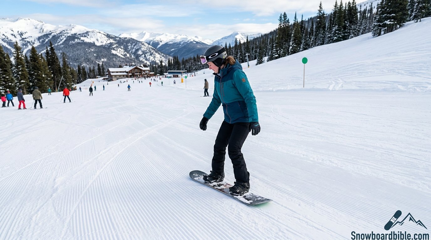Beginner snowboarder practicing turns on a groomed slope