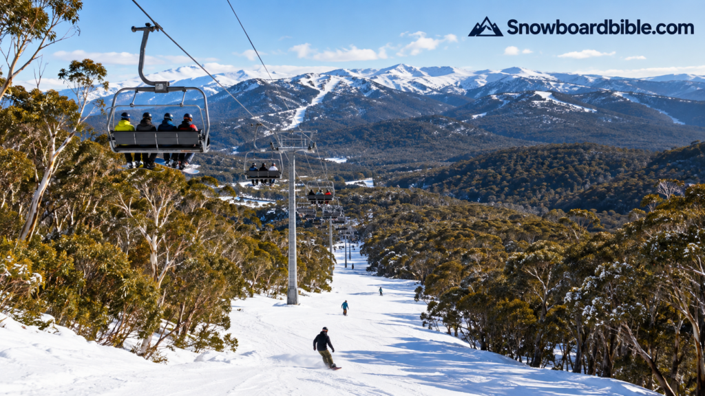 Chairlift running over a snowboard run at an Australian alpine resort with eucalyptus forest below the snowline