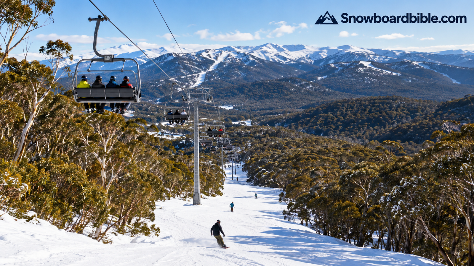 Chairlift running over a snowboard run at an Australian alpine resort with eucalyptus forest below the snowline
