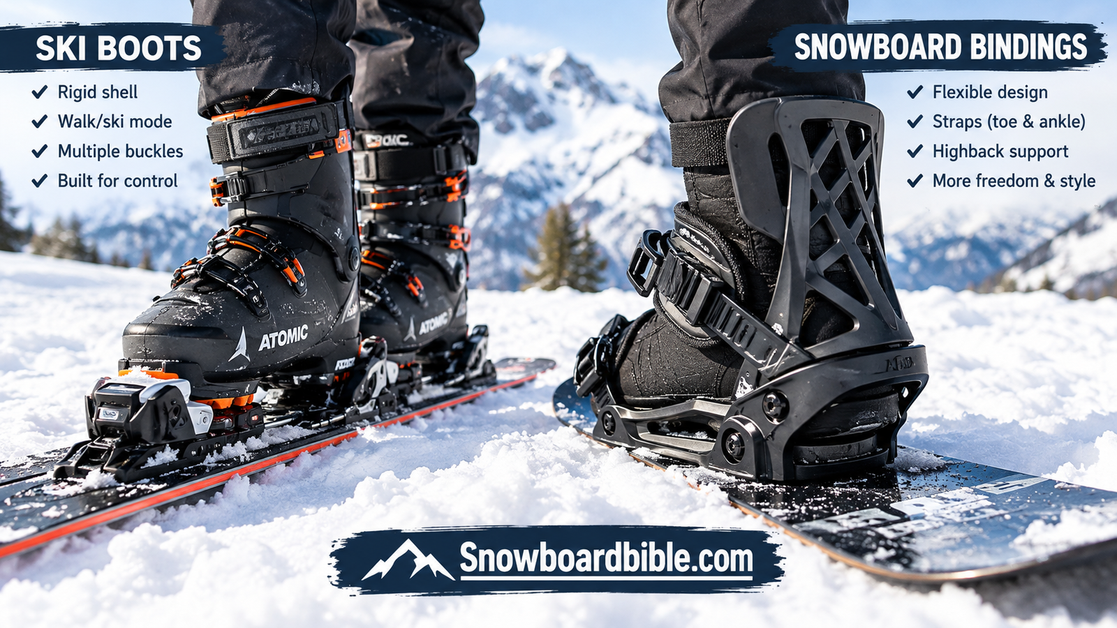 Close-up comparison of ski boots and snowboard bindings in the snow