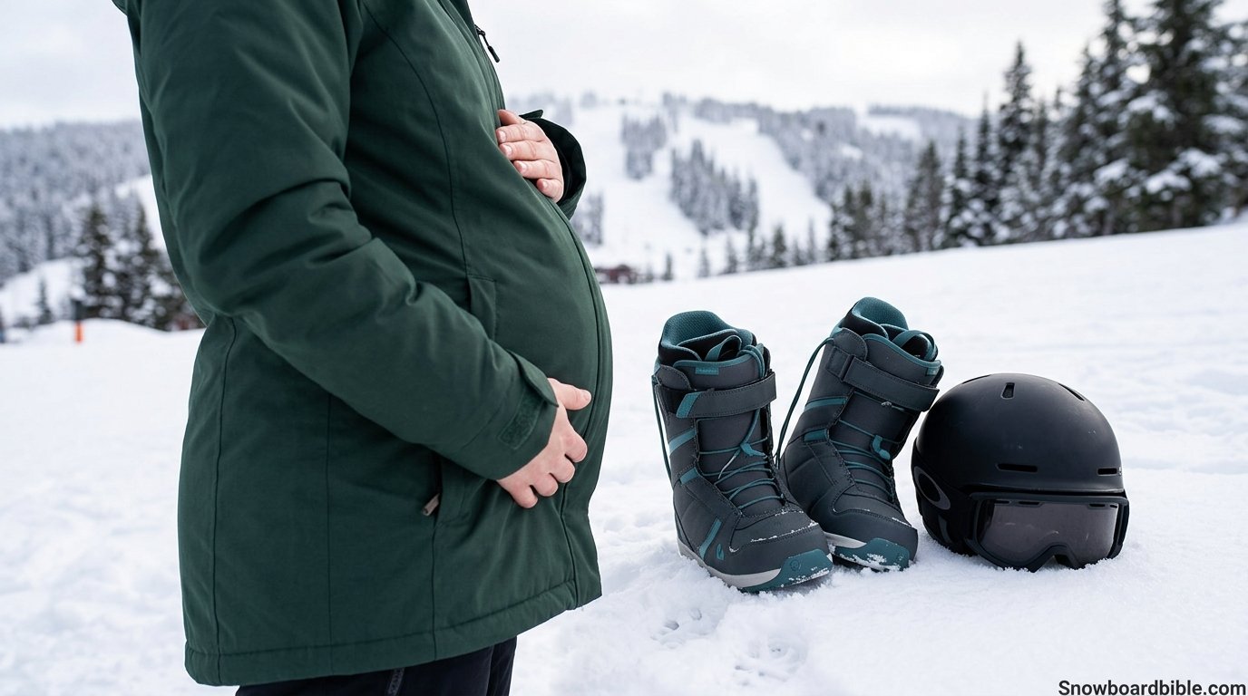 Close-up of a pregnant snowboarder's belly next to snowboard boots and a helmet resting in the snow