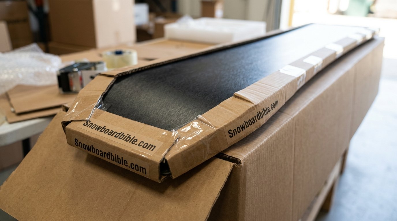 Close-up of a snowboard base wrapped in cardboard edge guards before boxing