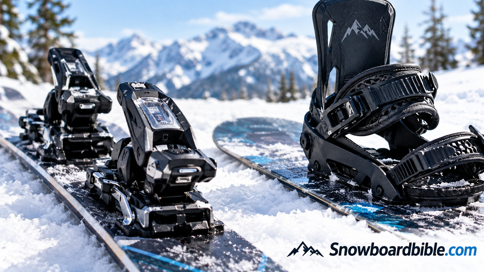 Close-up of ski bindings next to a snowboard binding in the snow
