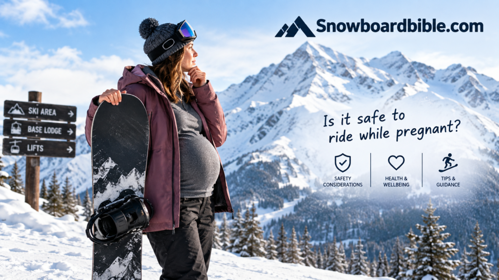 Pregnant woman standing at the base of a snowy mountain holding a snowboard, considering whether it is safe to ride