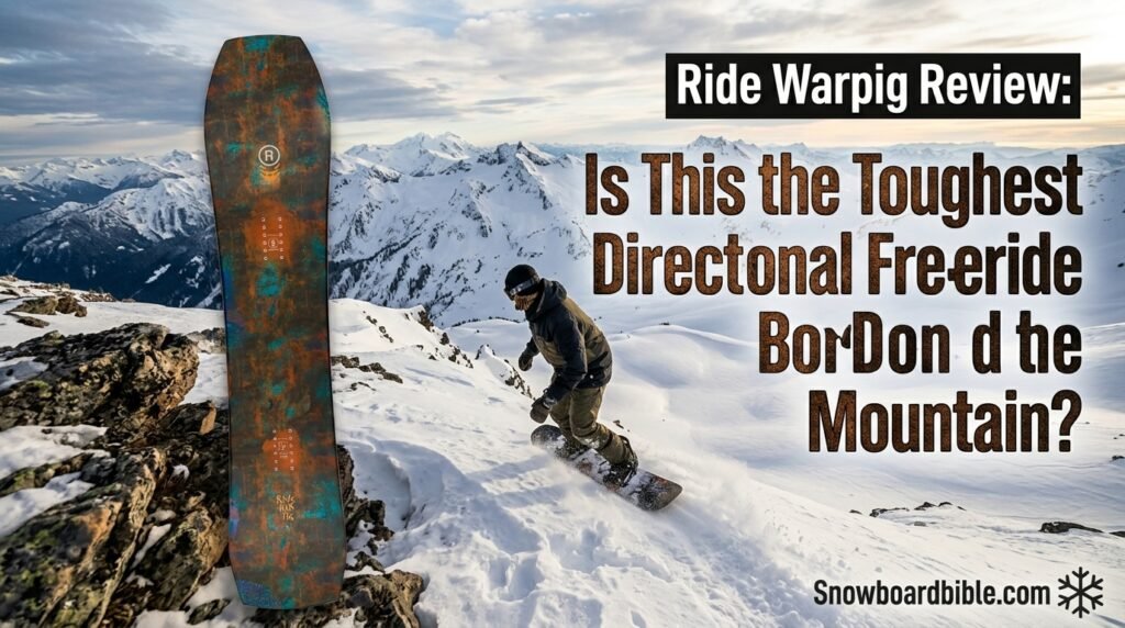 Ride Warpig snowboard standing upright on snow showing full base graphic