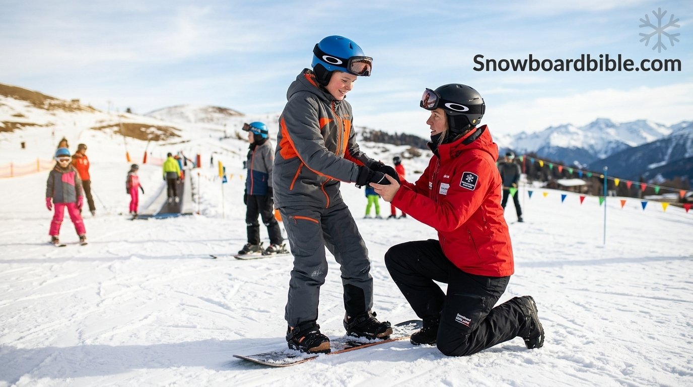 Snowboard instructor helping a beginner student on the bunny slope