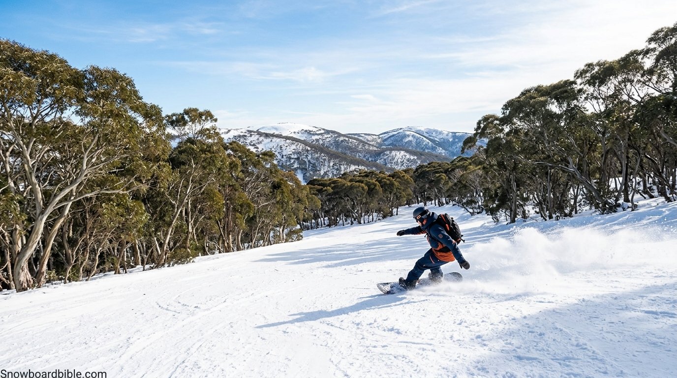Snowboarder carving down a run in the Australian Alps with gum trees visible at the edge of the snowfield