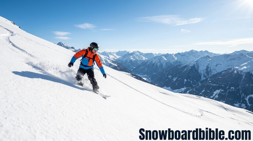 Snowboarder carving down a sunlit mountain slope