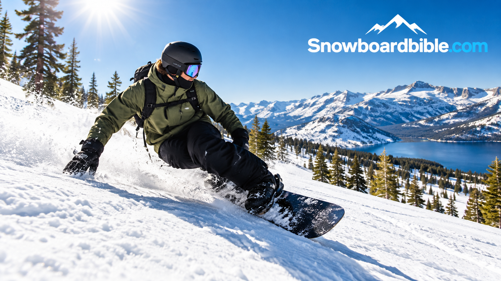 Snowboarder carving down a sunny run in the California Sierra Nevada mountains