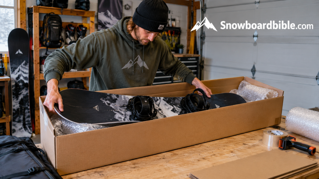 Snowboarder packing a snowboard into a cardboard shipping box in a garage