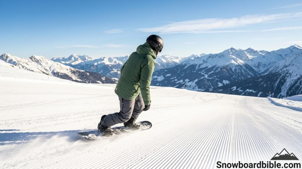 Snowboarder wearing a helmet riding down a groomed slope on a sunny day