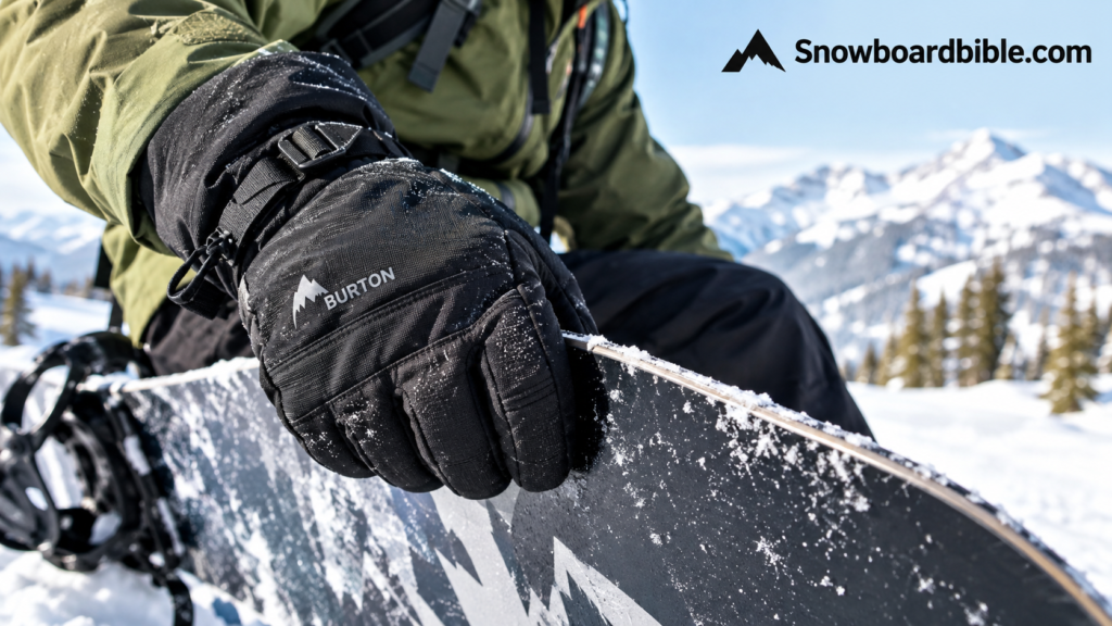 Close-up of a rider gripping a snowboard edge while wearing insulated gloves
