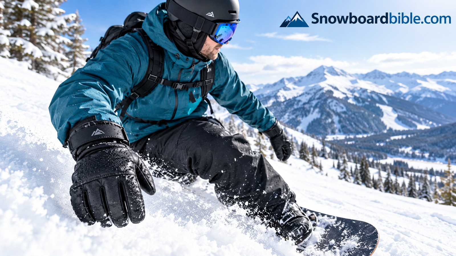 Snowboarder wearing waterproof leather snowboard gloves on a snowy mountain run